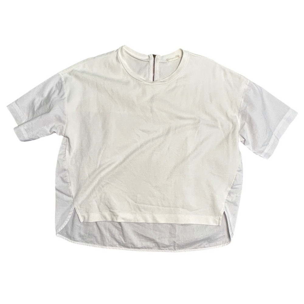 GU White Mixed Media High Low Top Back Zipper Short Sleeve Knit Woven Shirt M